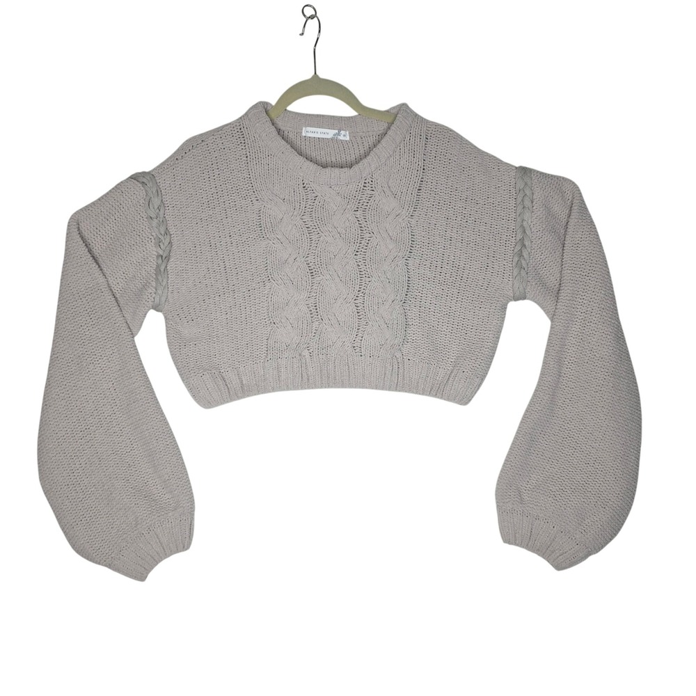 Altar‎ State Cropped Cable Knit Sweater Balloon Sleeve Light Beige W's M Warm